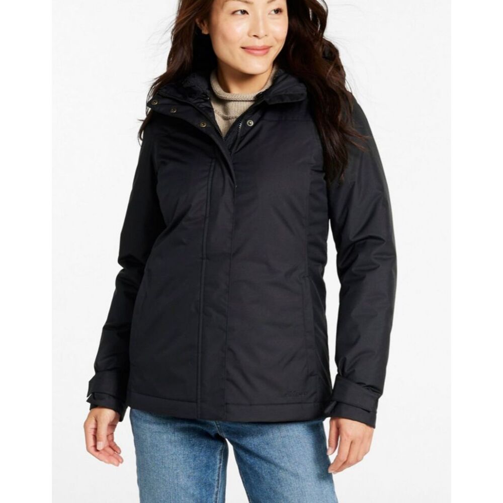 L.L. BEAN Winter Warmer Fleece Lined Hood Black Jacket Coat Womens Small Petite